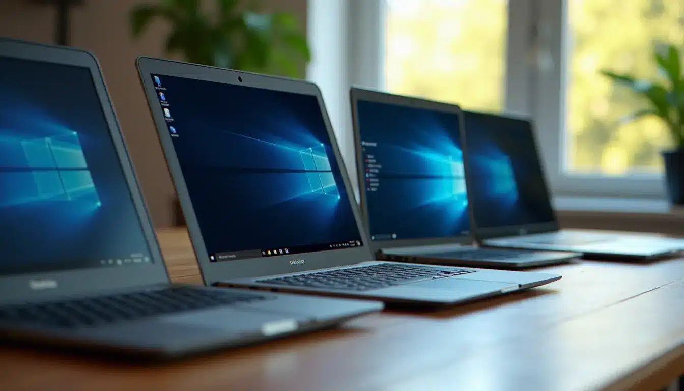 Comparaison de trois ordinateurs portables sous Windows, macOS et Linux affichant des interfaces de logiciels de prise en main à distance