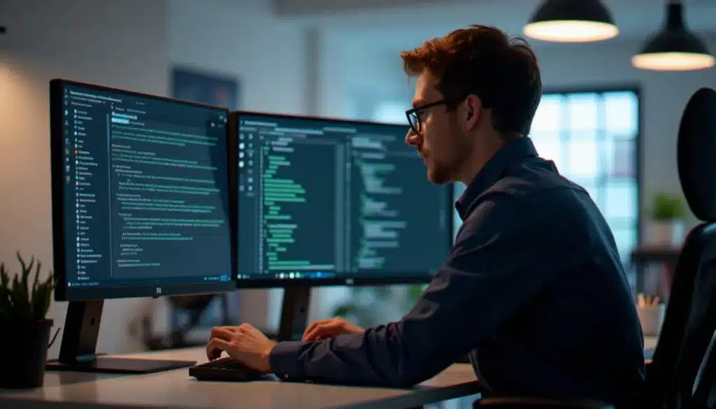 Technicien informatique utilisant un logiciel de bureau à distance RustDesk sur un poste de travail double écran en bureau professionnel
