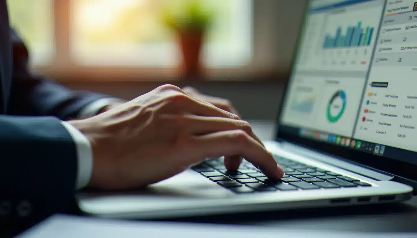 Vue rapprochée d'un professionnel consultant une fiche contact dans un CRM sur son ordinateur portable au bureau