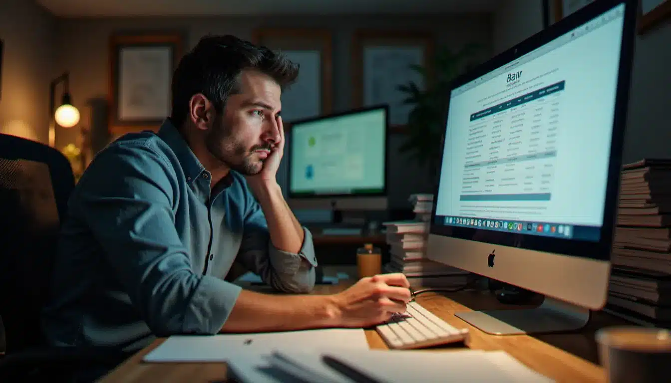 Un dirigeant de PME analysant les tarifs d'un logiciel CRM complexe depuis son bureau, illustrant la question du coût et du dimensionnement de Salesforce