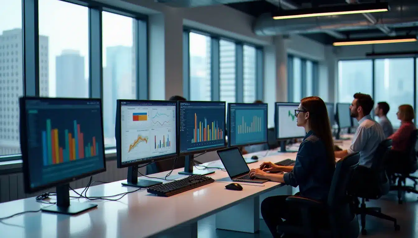 Équipe de commerciaux travaillant sur des tableaux de bord Salesforce dans un open space moderne et lumineux
