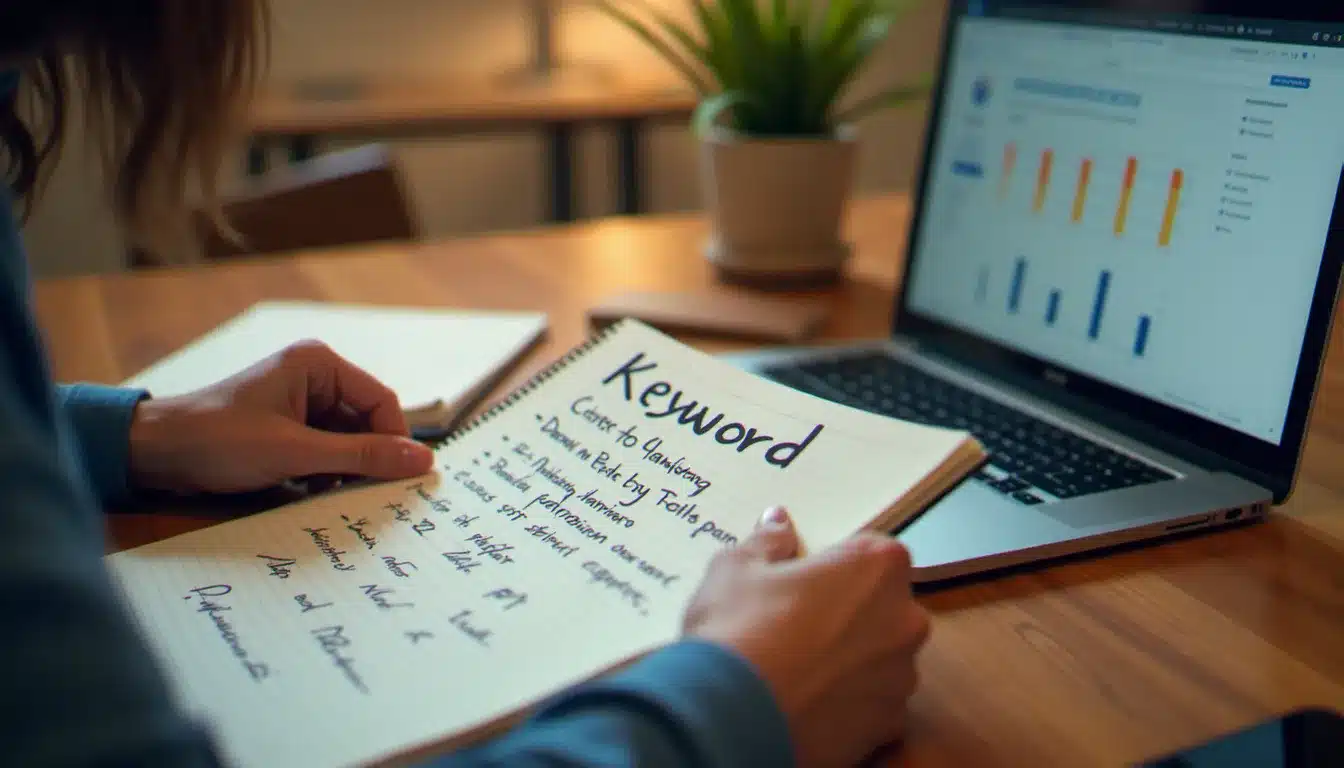 Un spécialiste SEO effectuant une recherche de mots-clés sur son ordinateur portable avec des notes manuscrites à côté