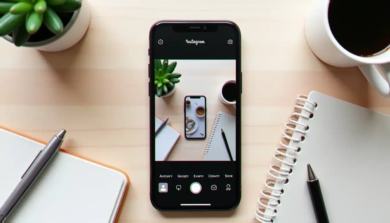 Vue de dessus d'un smartphone affichant les outils de personnalisation d'une story Instagram en cours de création