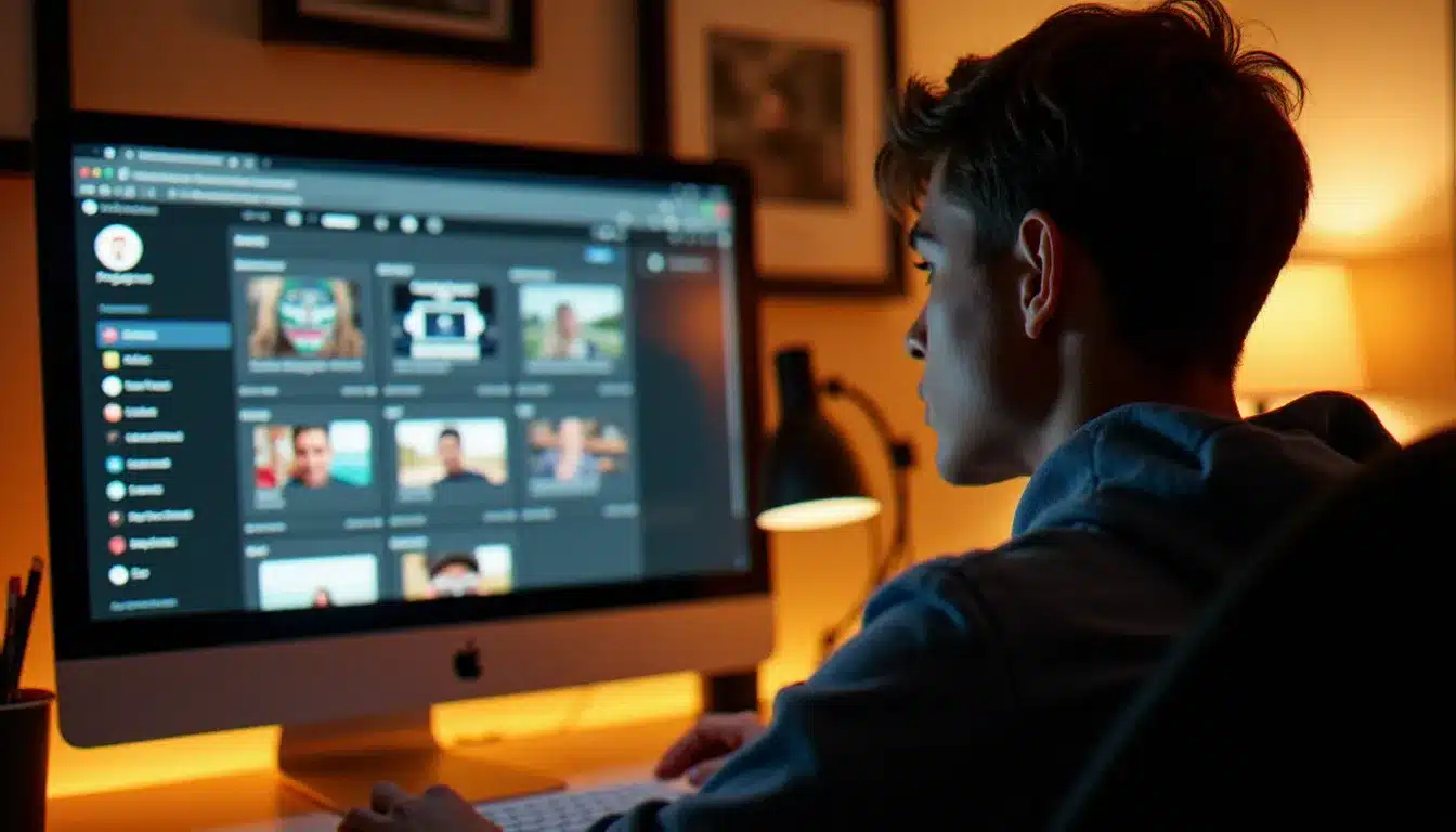 Créateur de contenu consultant les highlights Instagram sur son profil depuis un écran d'ordinateur dans un bureau lumineux
