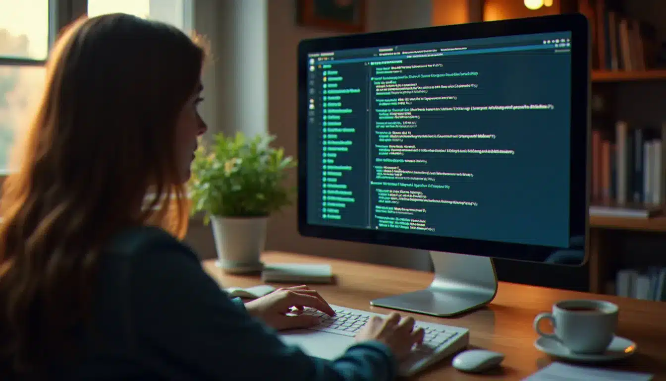 Une personne vérifiant la liste des applications connectées à son compte sur un ordinateur dans un bureau à domicile