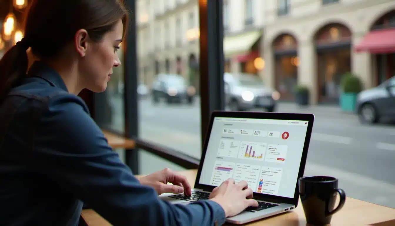 Dirigeant de TPE travaillant sur un logiciel de gestion en terrasse de café, illustrant l'utilisation d'outils numériques pour les très petites entreprises