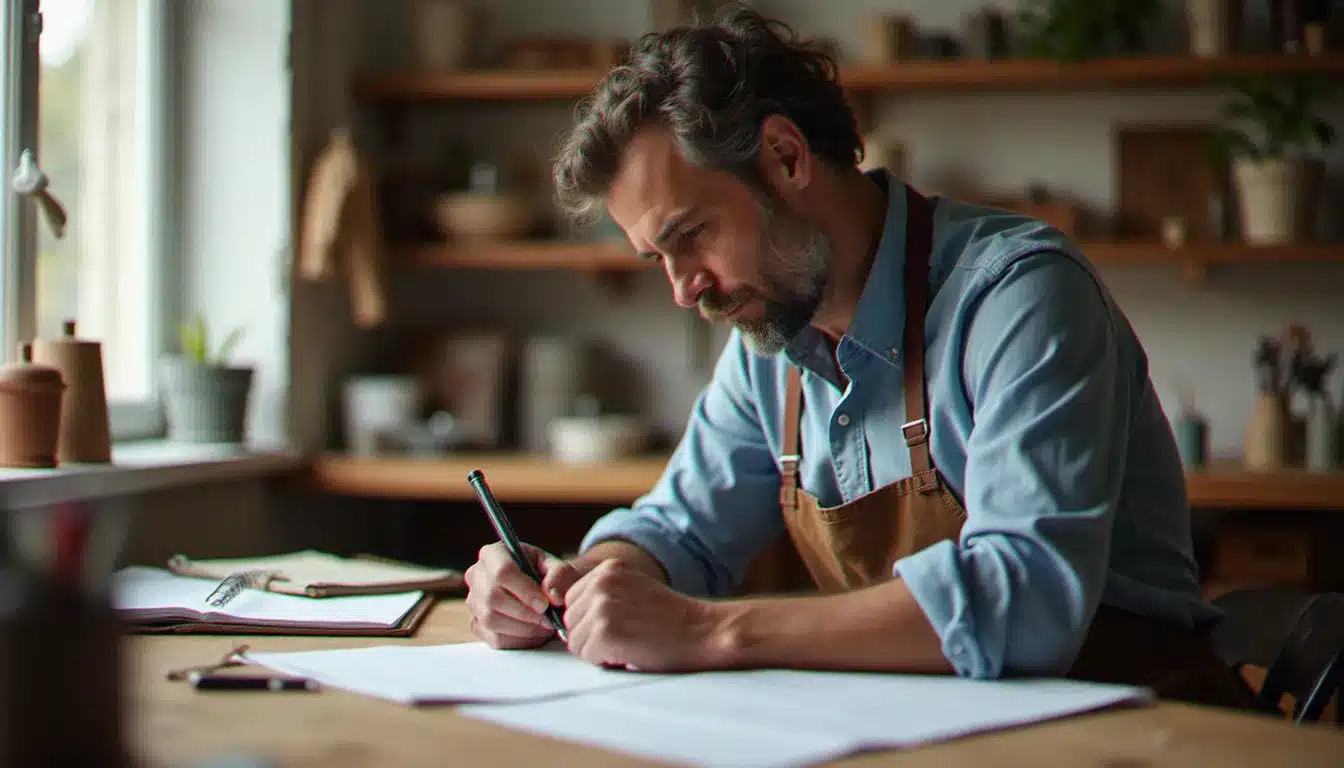 Chef d'une TPE française consultant des documents administratifs dans son atelier artisanal, illustrant la gestion quotidienne d'une très petite entreprise