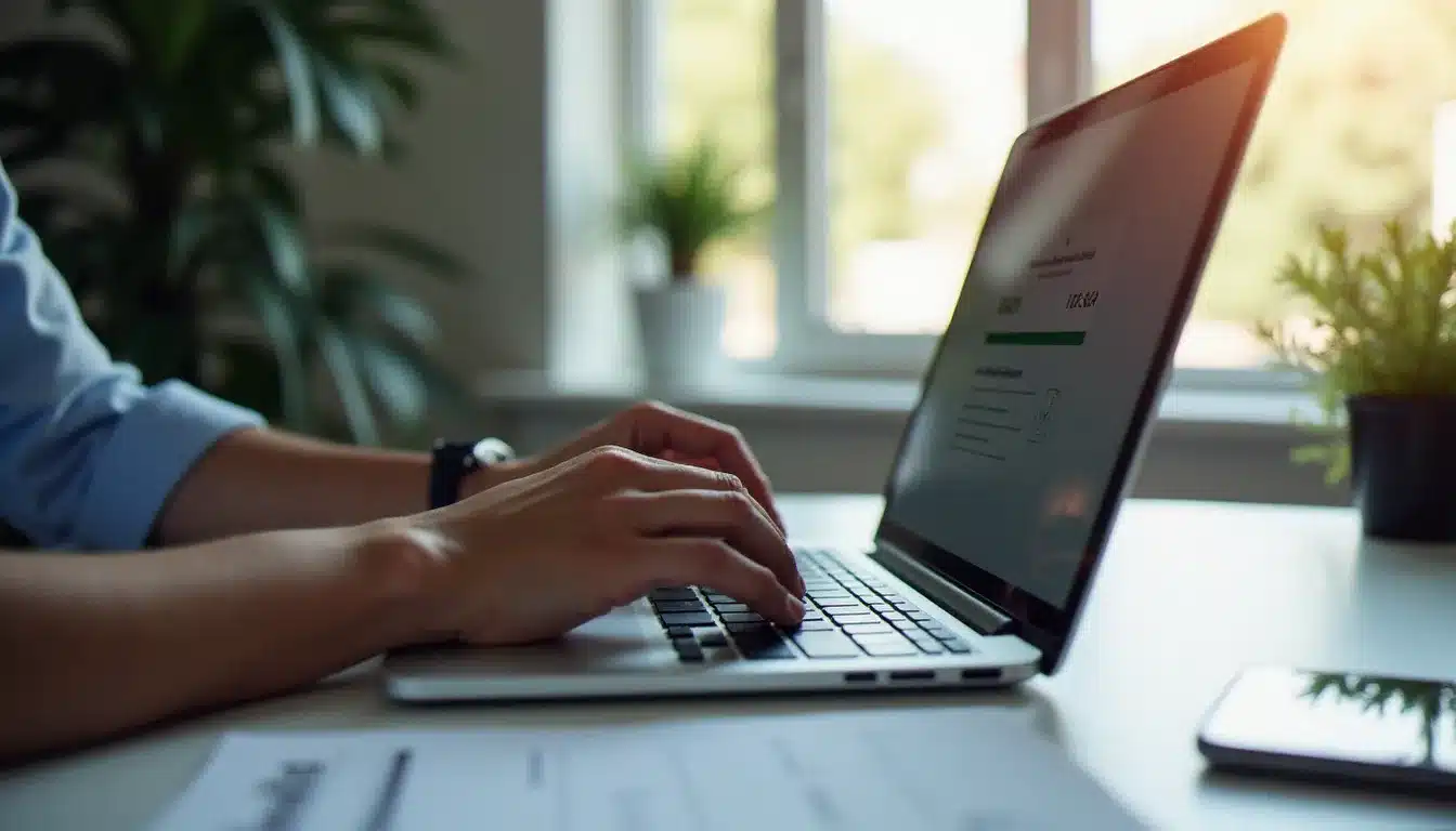Mains sur un clavier soumettant un fichier à une analyse antivirus en ligne pour vérification virus total