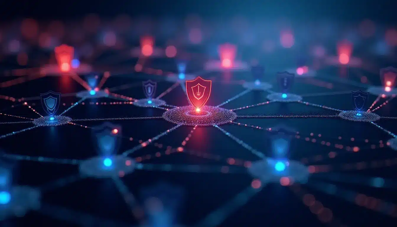 Réseau numérique avec boucliers de protection illustrant la détection de menaces par plusieurs moteurs antivirus
