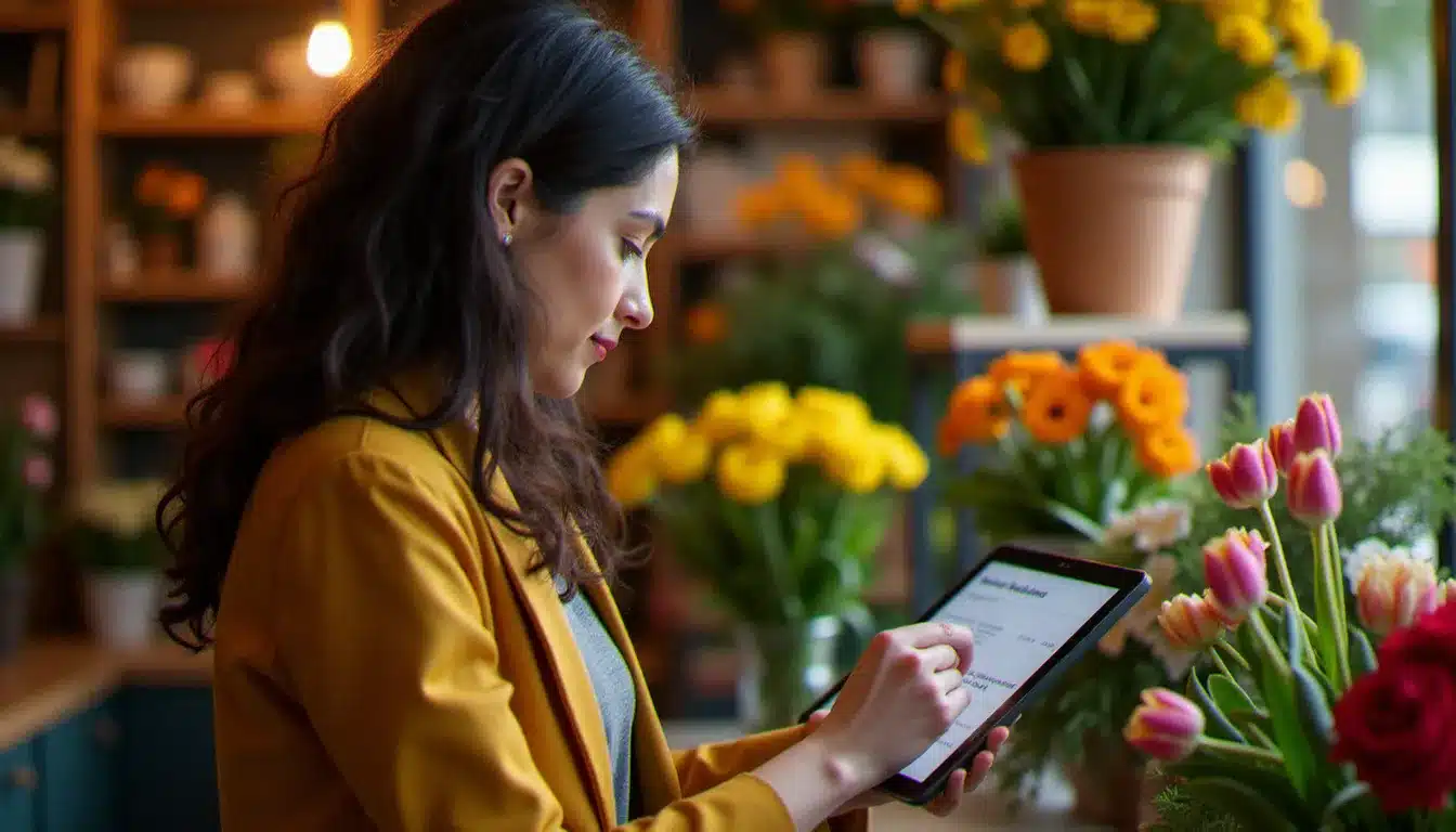 Fleuriste consultant son site vitrine sur une tablette dans sa boutique de fleurs