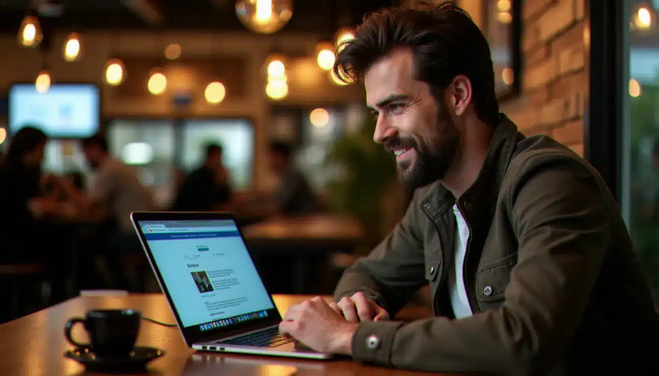 Un freelance web designer satisfait consultant le rendu final d'un site créé avec Webflow depuis un café