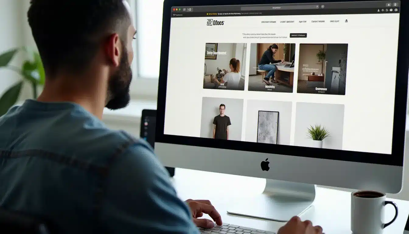 Un designer utilisant Webflow sur un iMac dans un bureau moderne pour créer un site web visuellement