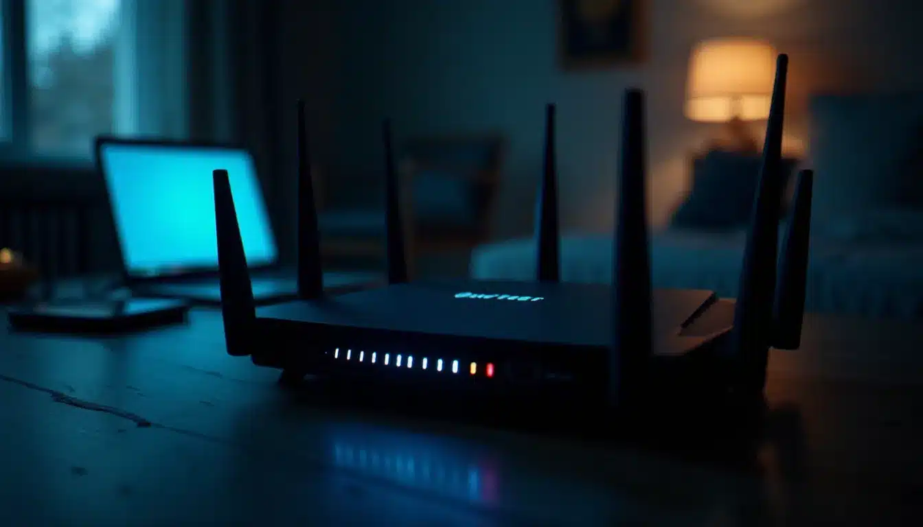 Routeur WiFi avec antennes et voyants lumineux dans un bureau sombre, illustrant le fonctionnement du réseau sans fil