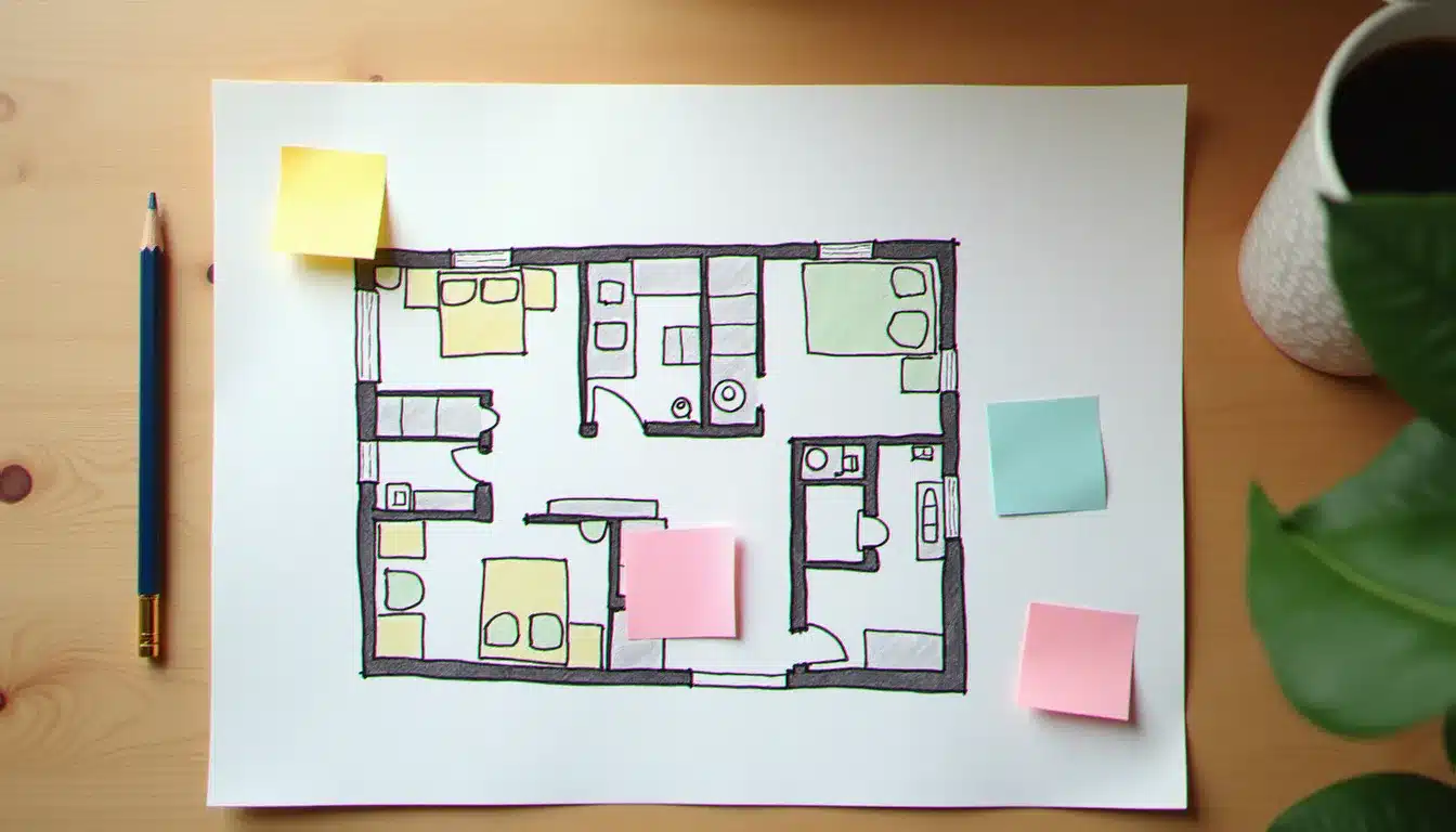 Plan d'appartement annoté à la main pour optimiser le placement d'un routeur WiFi dans chaque pièce