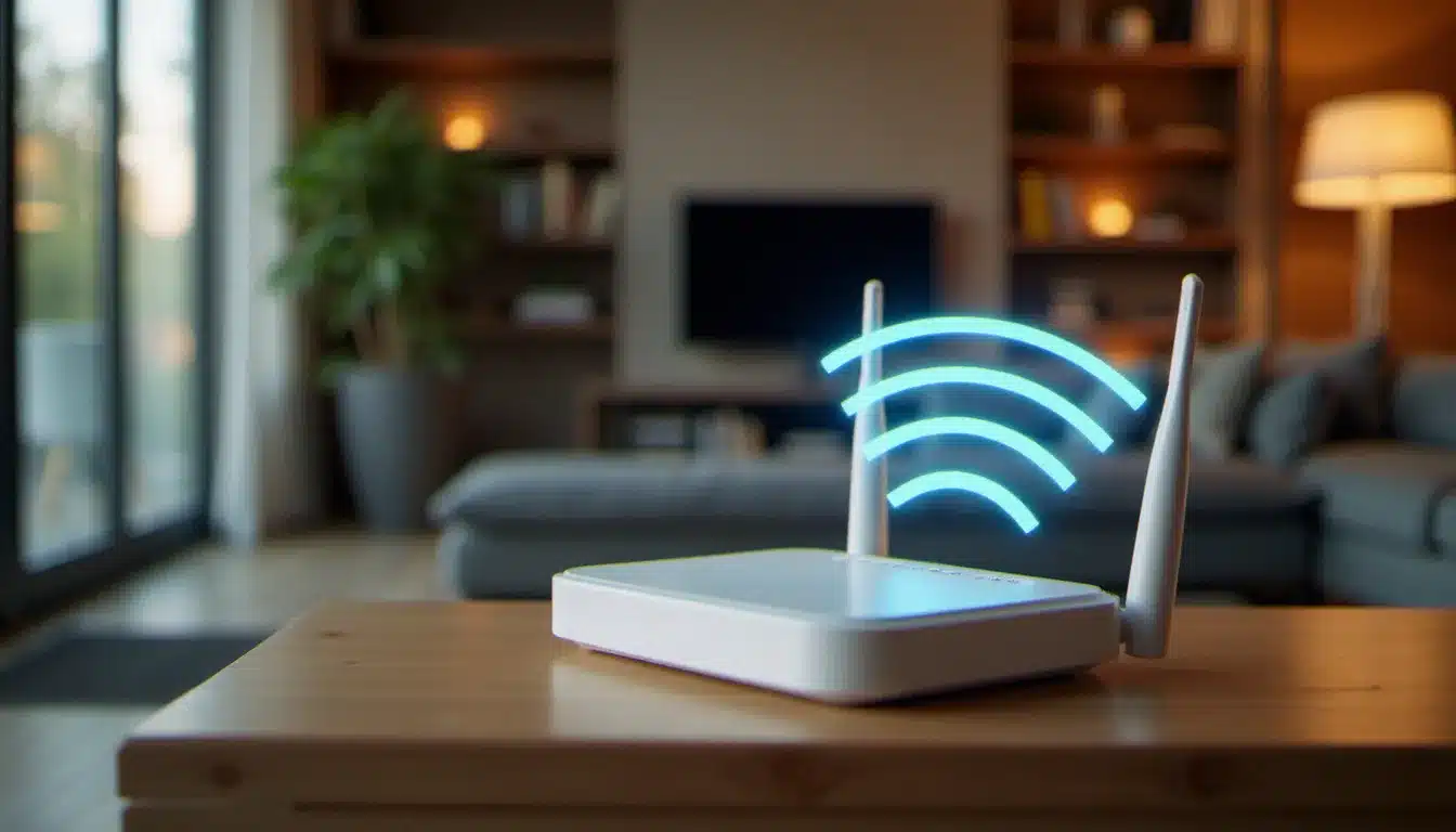 Routeur WiFi moderne posé sur une étagère dans un salon, symbolisant la connectivité sans fil domestique