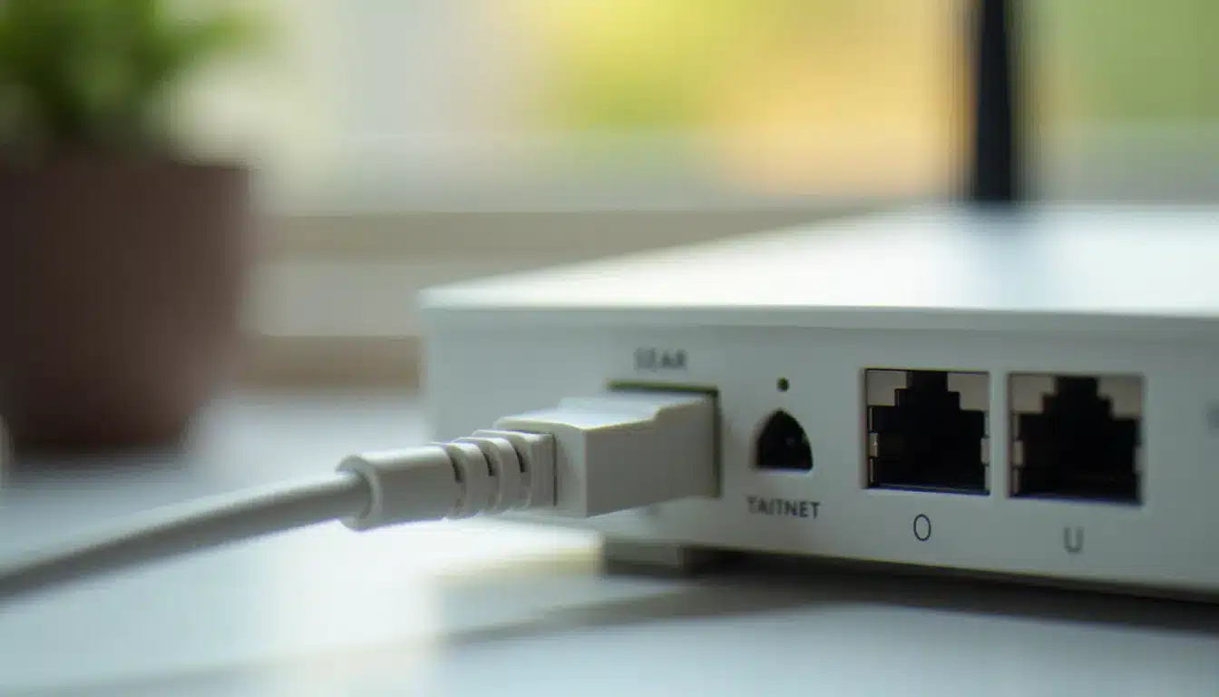 Câble Ethernet branché sur une box internet blanche pour réaliser un test de débit fiable avec degrouptest