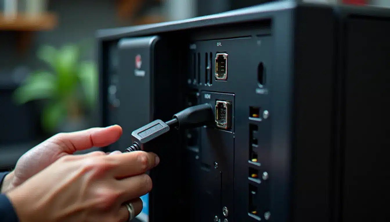 Mains branchant un câble HDMI à l'arrière d'un PC de bureau lors d'un diagnostic de panne d'écran noir