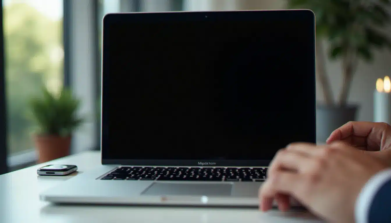 MacBook Pro avec écran noir posé sur un bureau blanc, utilisateur effectuant une combinaison de touches pour réinitialiser la NVRAM