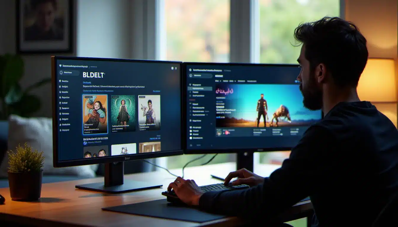 Comparaison de plusieurs interfaces de plateformes de streaming de cinéma indien sur deux écrans dans un bureau moderne