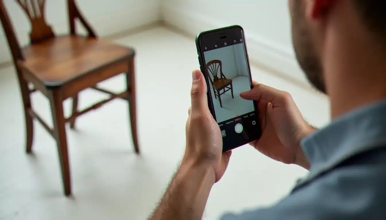 Un homme prend en photo un meuble d'occasion avec son smartphone pour publier une annonce sur la Marketplace Facebook