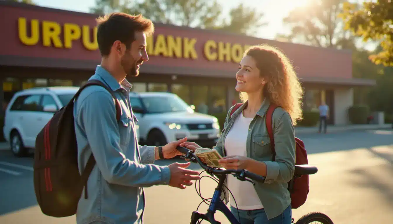 Deux personnes réalisent une transaction en main propre dans un parking ensoleillé, une pratique recommandée pour les achats sur la Marketplace Facebook