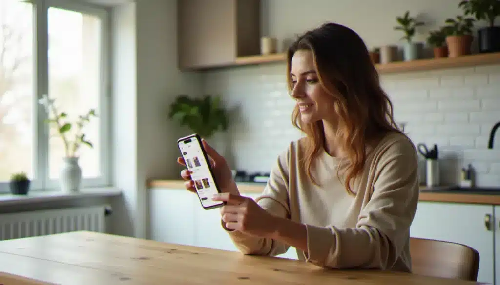Une femme consulte la Marketplace Facebook sur son smartphone dans un appartement moderne, illustrant l'utilisation de la marketplace facebook au quotidien
