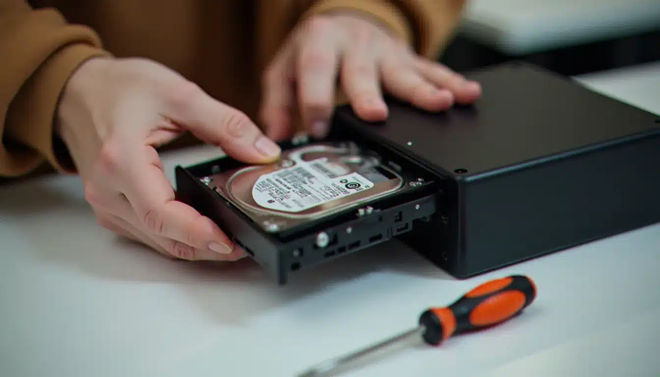 Installation d'un disque dur dans les baies d'un NAS, montrant la mise en place physique du stockage réseau