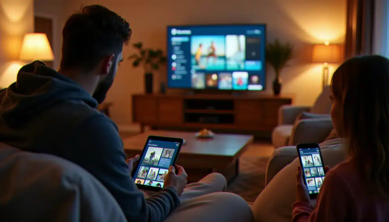 Plusieurs appareils connectés à un NAS affichant une bibliothèque multimédia partagée dans un salon familial