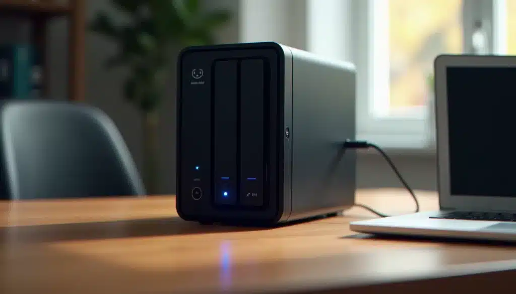 Un boîtier NAS 2 baies connecté à un routeur sur un bureau, illustrant le stockage réseau domestique