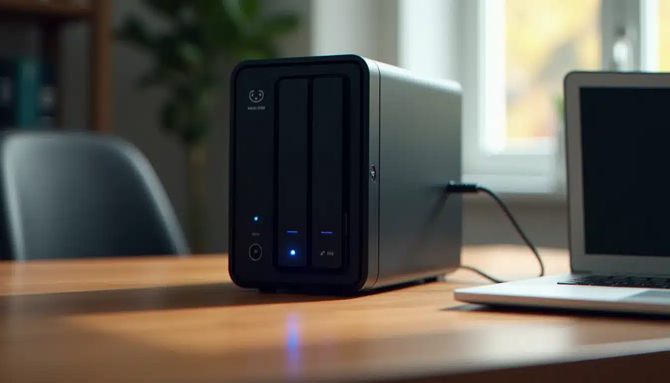Un boîtier NAS 2 baies connecté à un routeur sur un bureau, illustrant le stockage réseau domestique