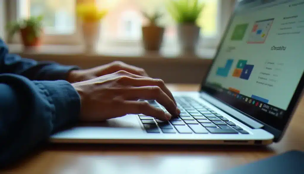 Personne utilisant un navigateur web sur un ordinateur portable dans un bureau à domicile, avec une page web affichée à l'écran