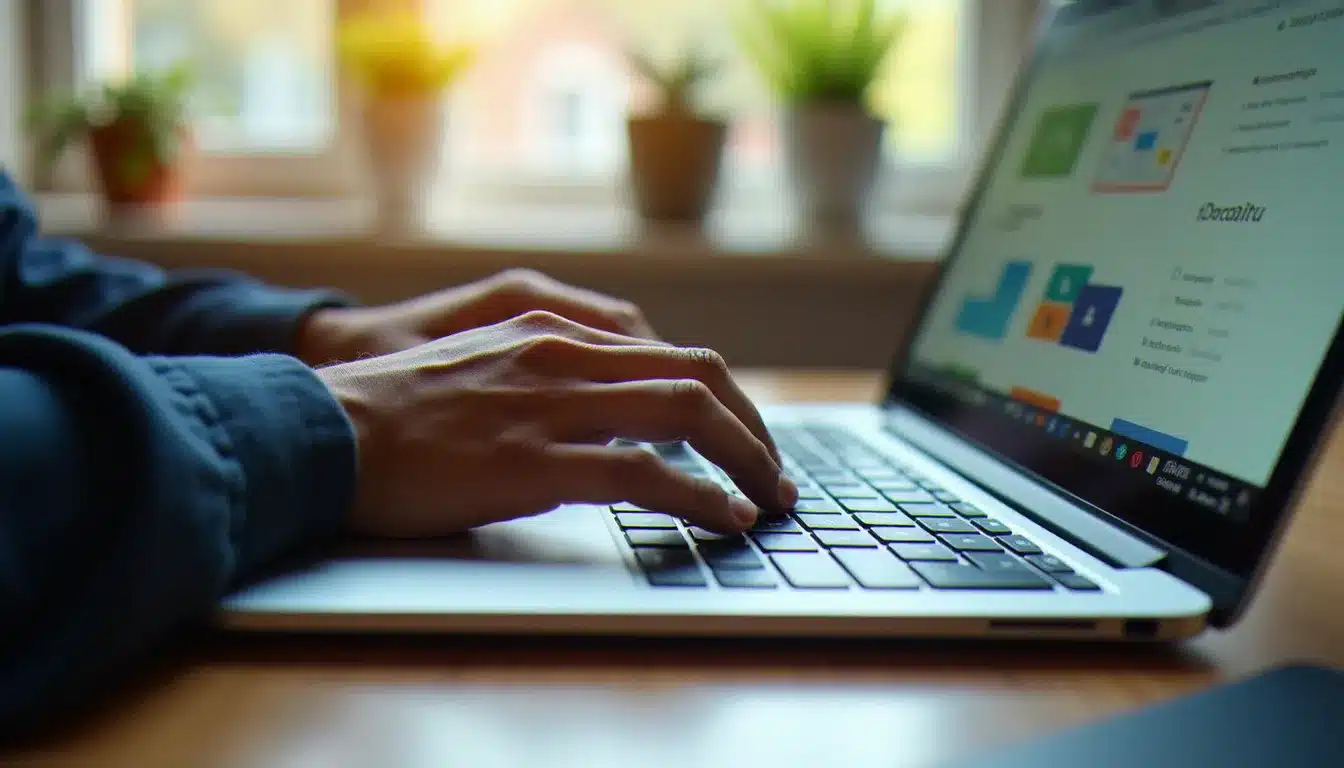 Personne utilisant un navigateur web sur un ordinateur portable dans un bureau à domicile, avec une page web affichée à l'écran