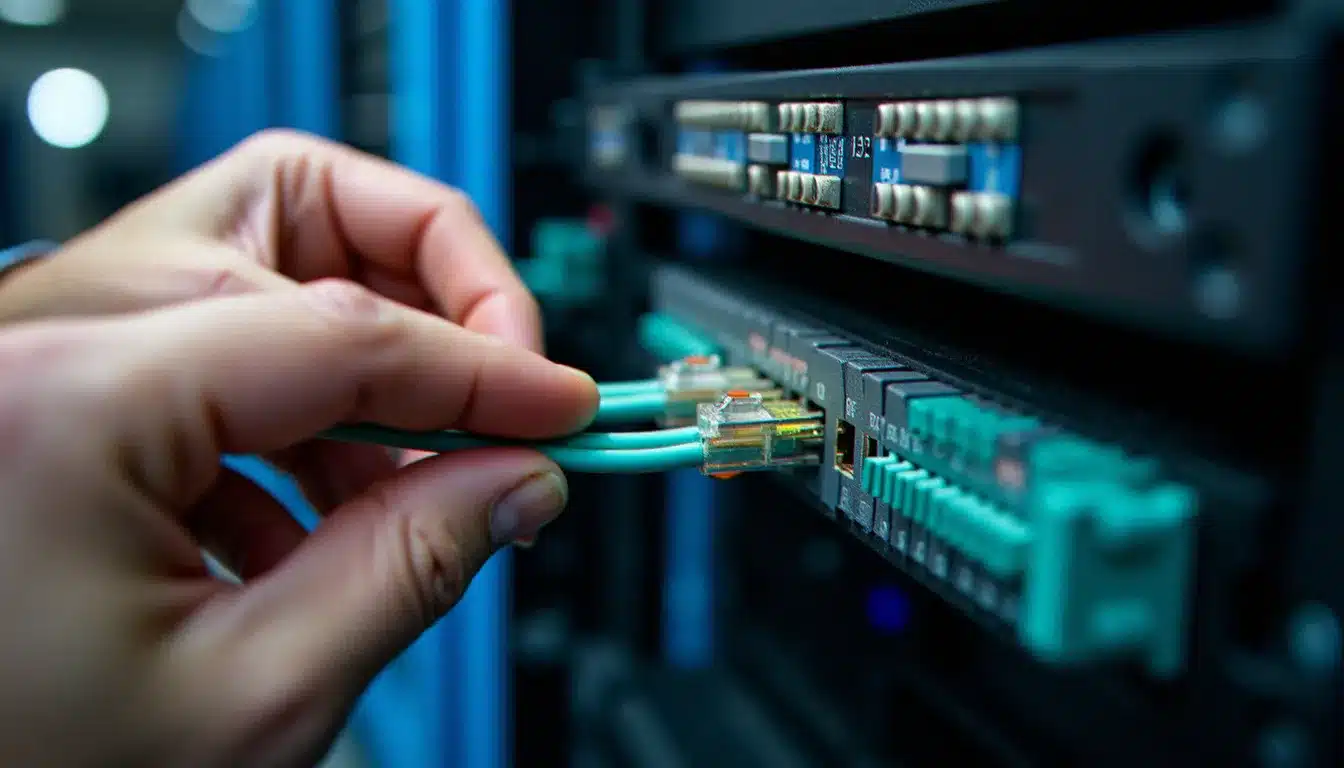 Technicien branchant un network tap entre deux câbles réseau sur un panneau de brassage, illustrant la différence matérielle entre un tap passif et une session SPAN logicielle