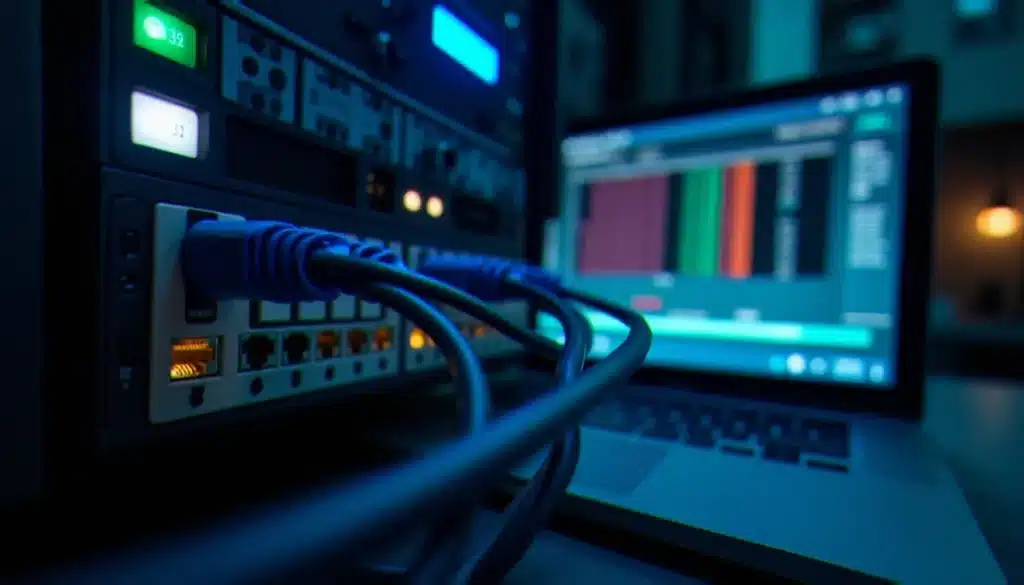 Switch réseau géré avec câbles ethernet connectés dans une salle serveur, illustrant le concept de netmirror et de duplication du trafic réseau