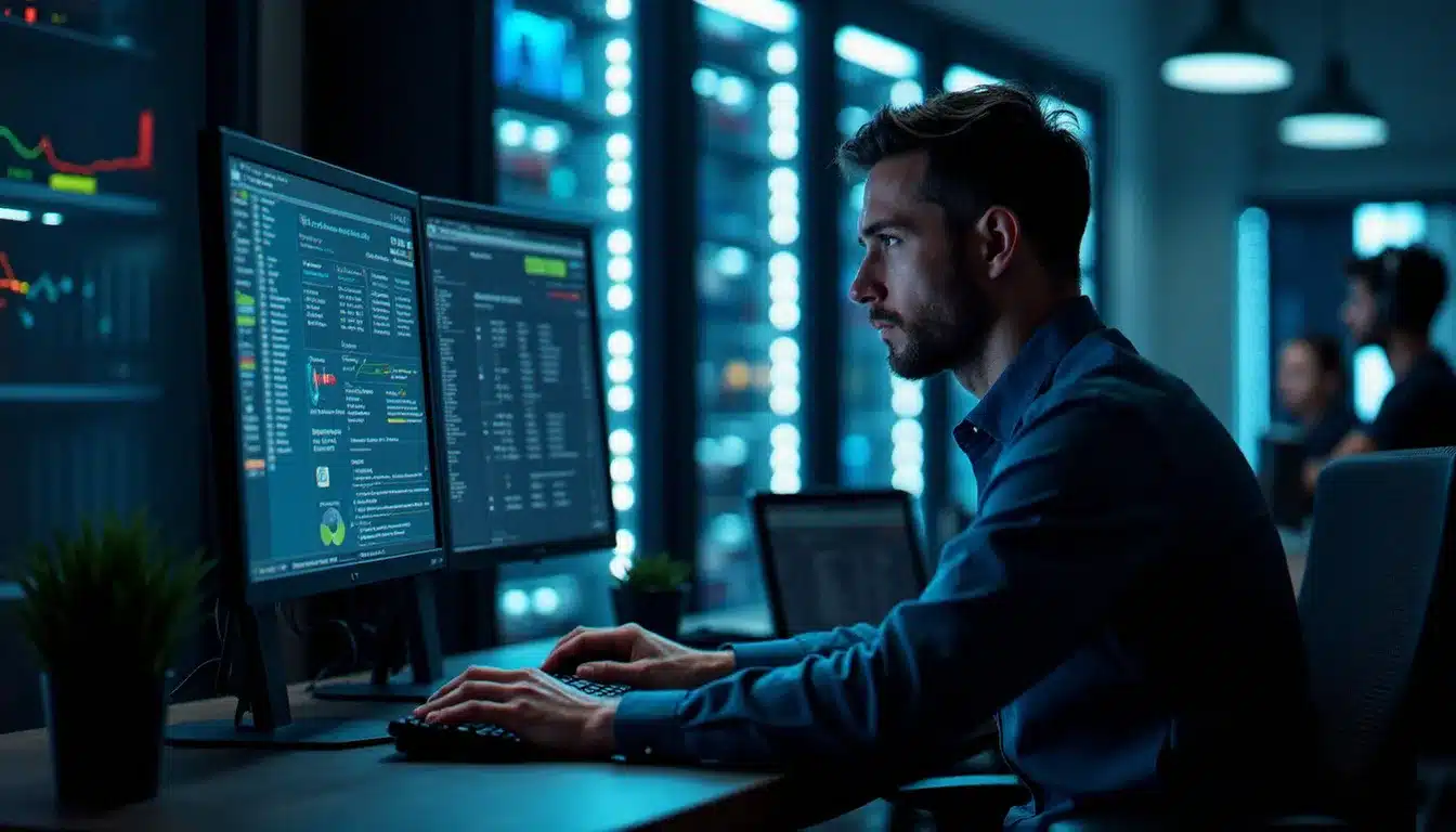 Technicien informatique gérant plusieurs postes informatiques depuis son poste de travail, contexte professionnel évoquant la version Pro de Ninite