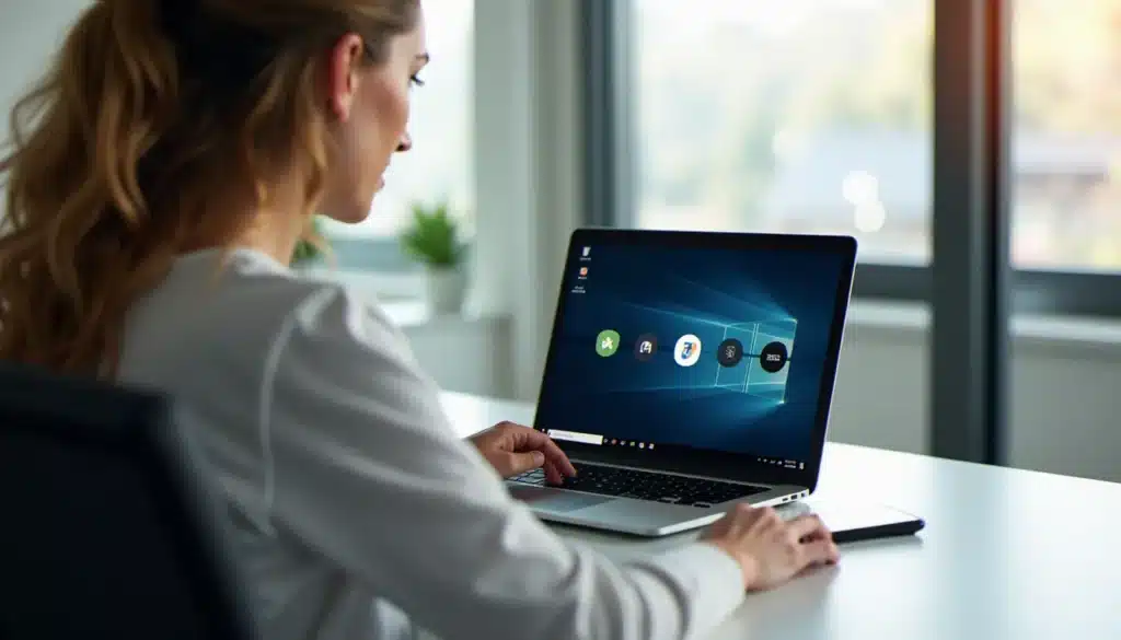 Personne installant plusieurs logiciels à la fois sur un ordinateur portable Windows grâce à l'outil Ninite, vue de dessus sur un bureau épuré