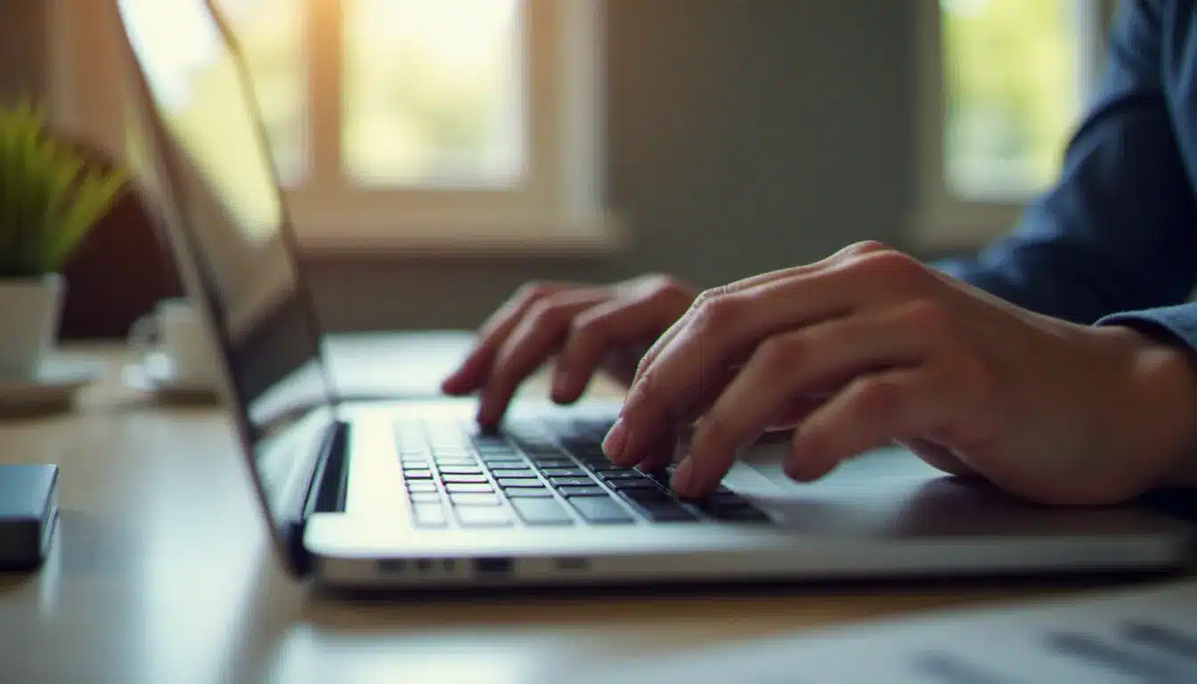 Mains sur un clavier d'ordinateur portable en train d'utiliser la touche shift combinée avec une touche de navigation, bureau lumineux, lumière naturelle