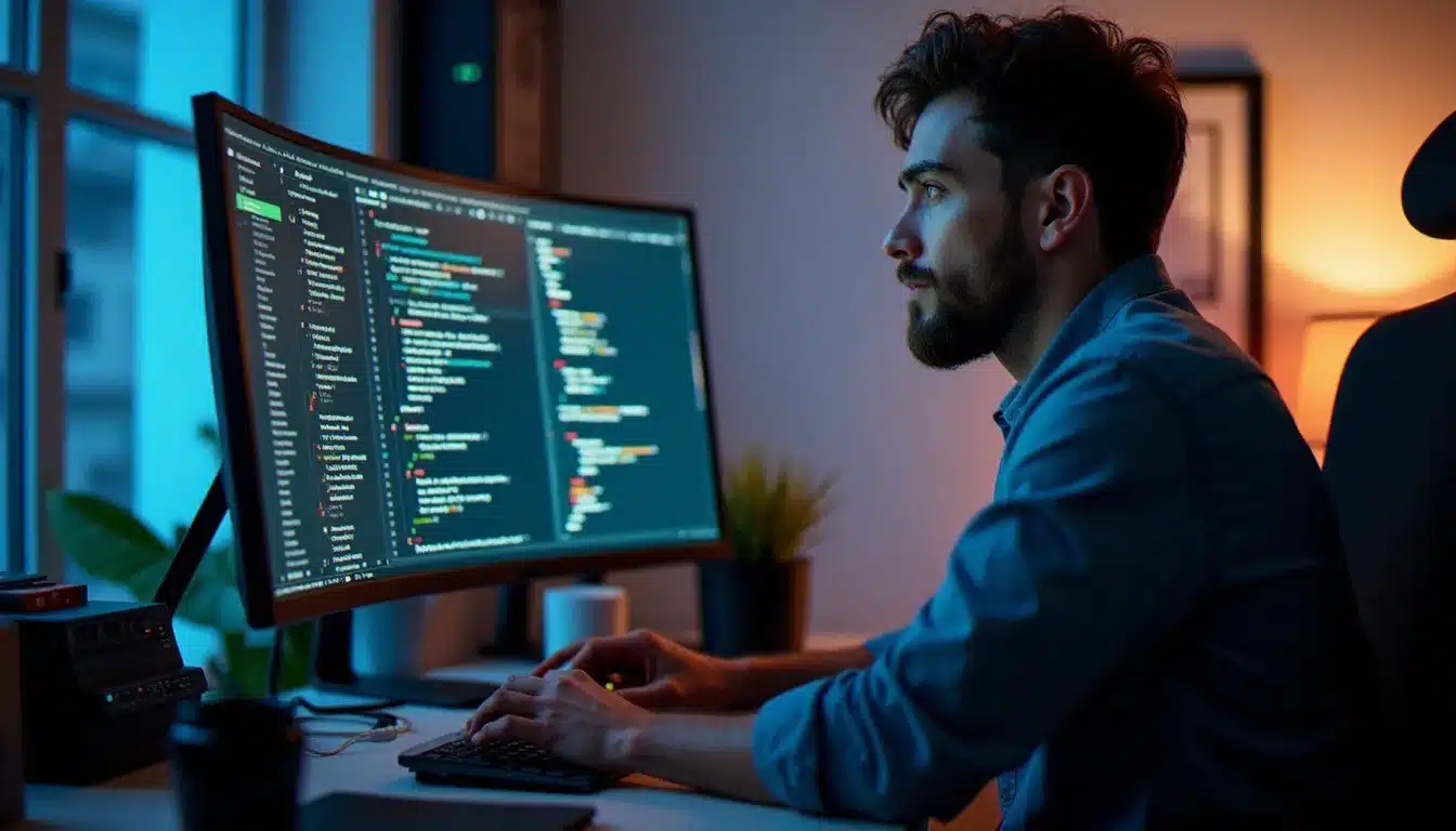Développeur travaillant sur un éditeur de code avec configuration double écran montrant des raccourcis clavier incluant shift, bureau professionnel éclairé