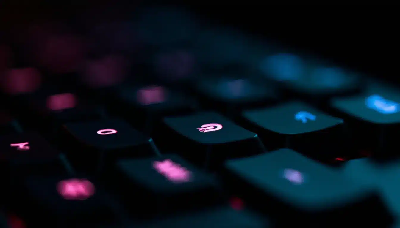 Clavier mécanique rétroéclairé avec la touche shift mise en valeur en gros plan, fond sombre, éclairage studio professionnel