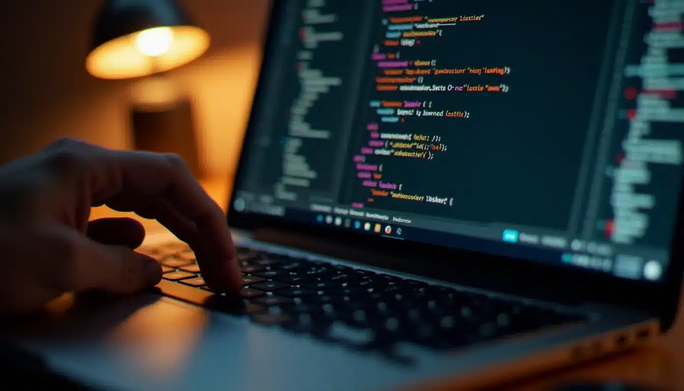 Développeur consultant du code JavaScript pour interroger une base de données via un SDK, sur un écran d'ordinateur portable en mode sombre